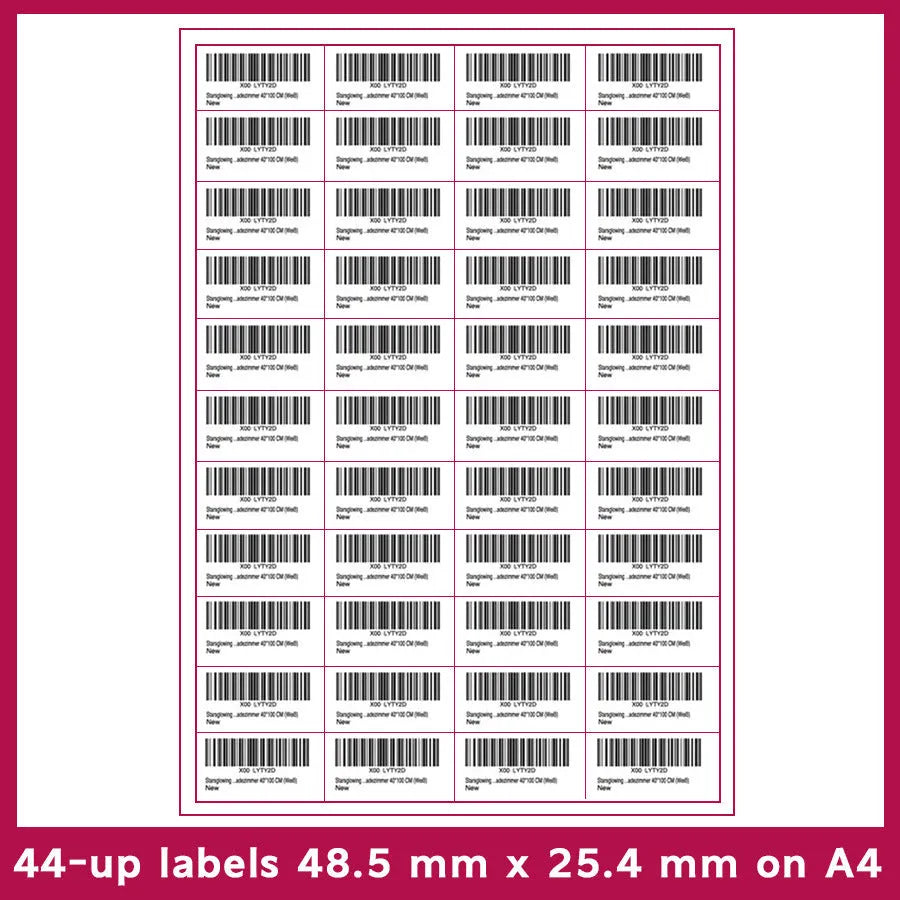 FBA label paper sheets showing ten different grid formats for barcode and serial number labelling