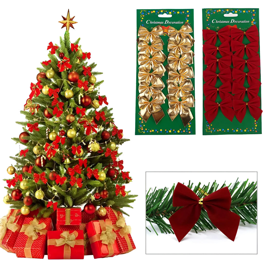 Red, gold, red gold, and silver 5 cm polyester Christmas bow ornaments on a green tree branch.