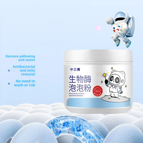 Bottle of biological enzyme bubble powder laundry detergent with active oxygen for stain removal