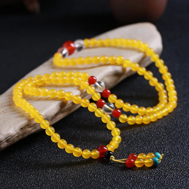 108-bead agate and crystal canary stone necklace bracelet jewellery set with geometric beads and lucky cat charm