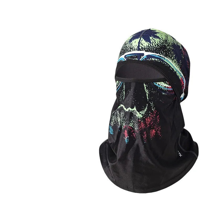 Cotton motorcycle head cover in a pattern design with a pair of matching gloves for winter riding.