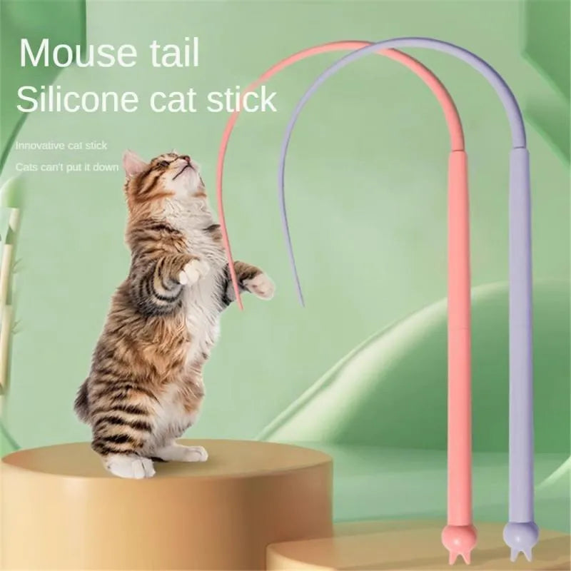 Blue simulated mouse tail cat toy with ABS cat head and long silicone tail for interactive play