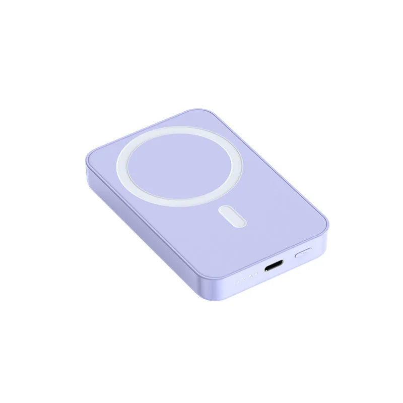Pink magnetic wireless power bank showing 20000mAh capacity and 20W output specifications