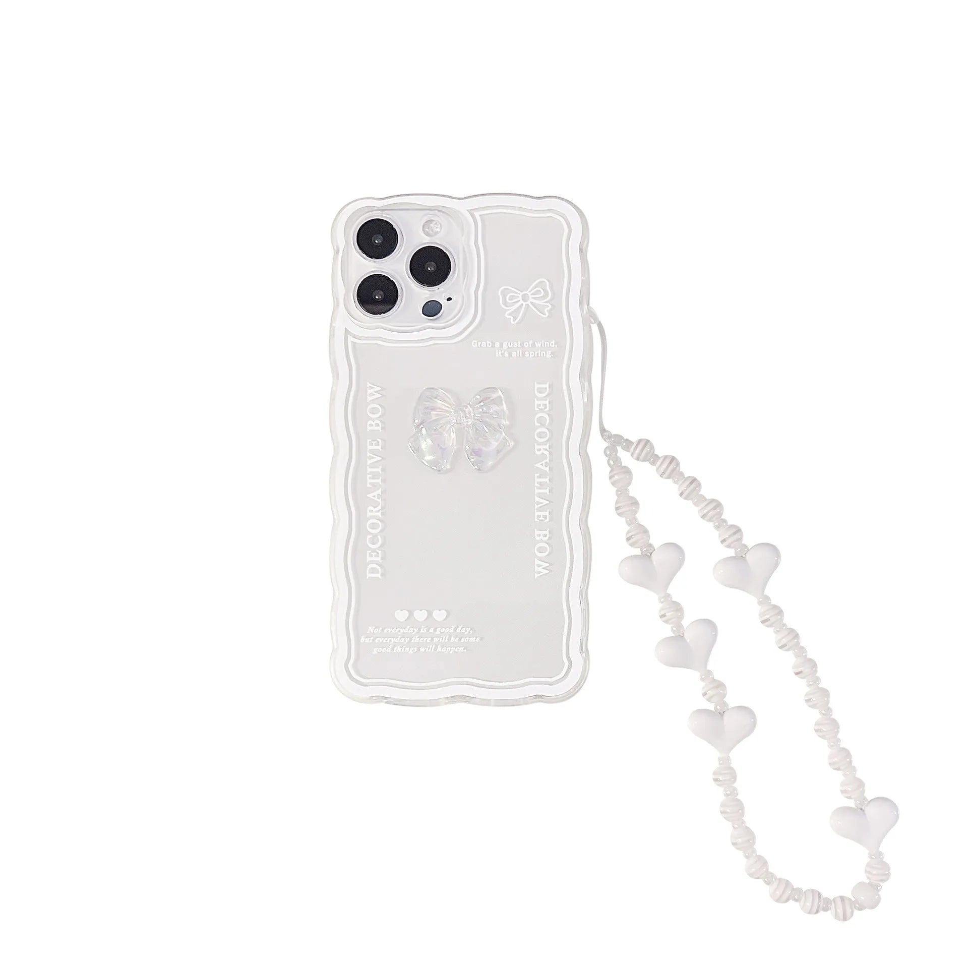 Clear iPhone case with a raised 3D ice bow design and a white love lanyard attached.