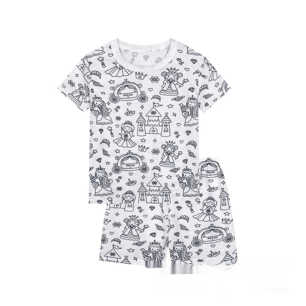 Cotton children's loungewear pajamas suit in little princess design with top and pants, view of front