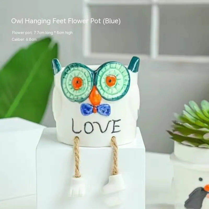 Ceramic hanging foot flowerpot for succulent plants in cartoon style with multiple colour options