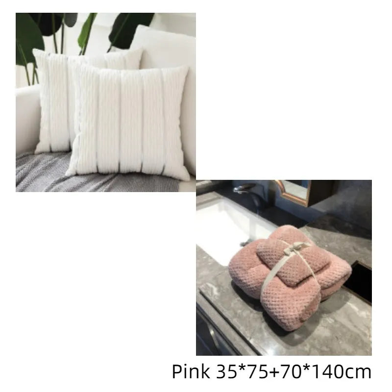 Square striped velvet pillow cover for sofa in multiple colour options on a grey background.