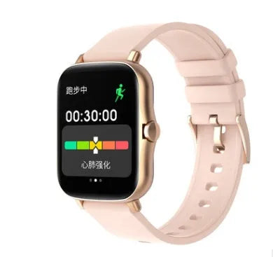 Smart watch with 1.7-inch colour touch screen showing fitness data, available in black, blue, or gold with adjustable strap
