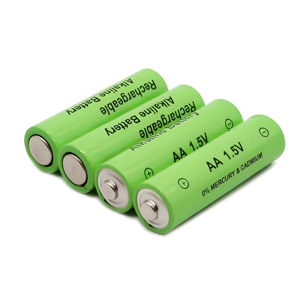 Green alkaline rechargeable AA battery with 3000mAh capacity and 1.5V rating.