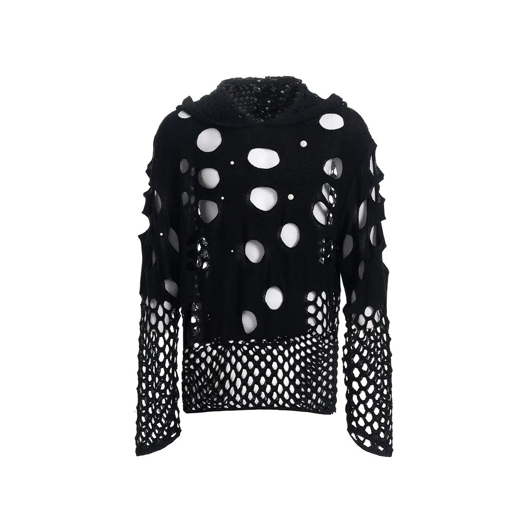 Men's black loose-fit hoodie with hollow hood design and pearl decorative trim on the front.