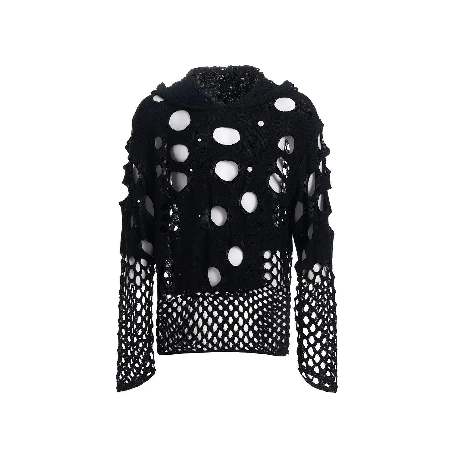 Men's black loose-fit hoodie with hollow hood design and pearl decorative trim on the front.
