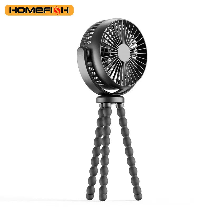 HOMEFISH F2 automatic shaking head portable fan with LED light on a removable bracket.