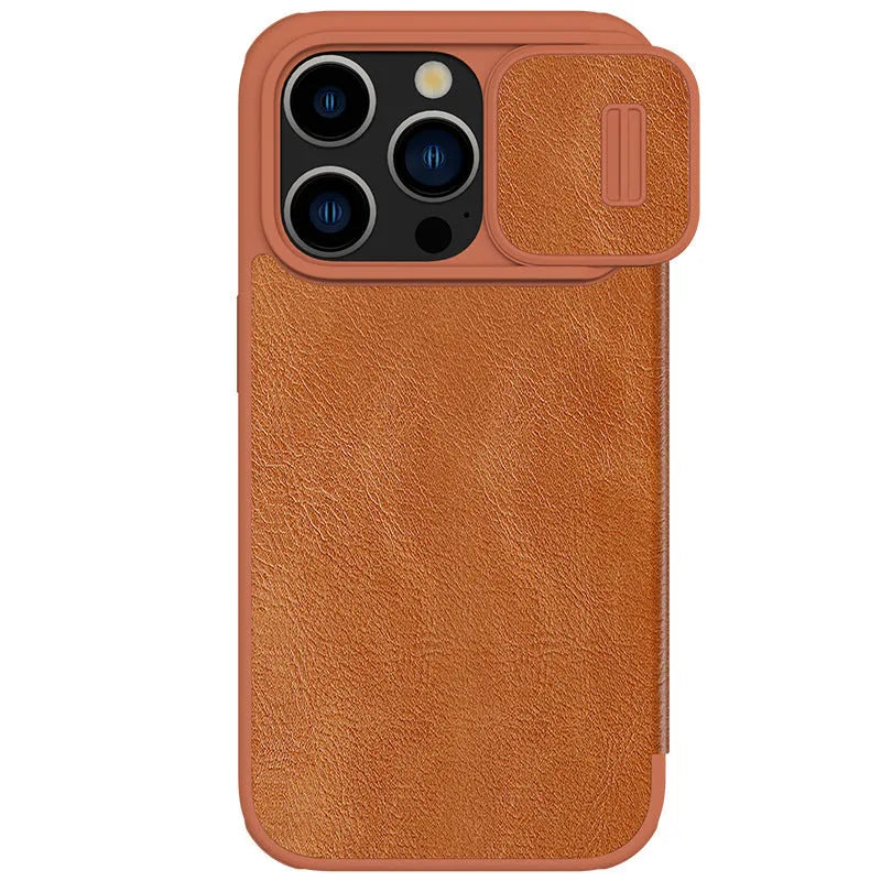 Black imitation leather flip phone case for iPhone, shown open and closed.