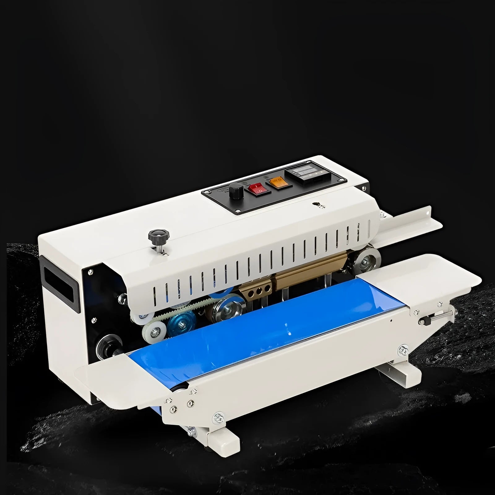 Mini desktop steel seal sealing machine with date printing function on a countertop.