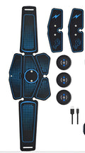 Blue EMS abdominal muscle stimulator with three hosts on adjustable belt and gel pads