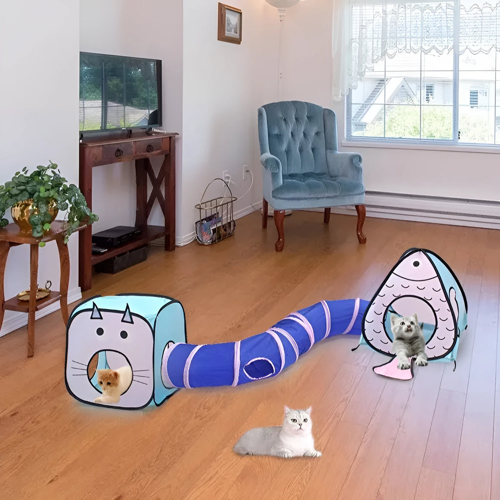Foldable cat tent tunnel toy with cat and fish design in three-piece set