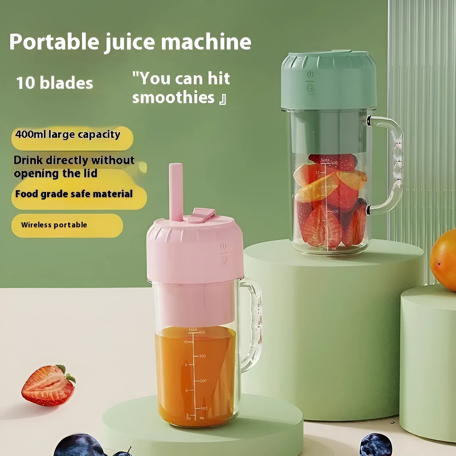 Household USB-powered juicer in cherry blossom pink colour with portable charging capability