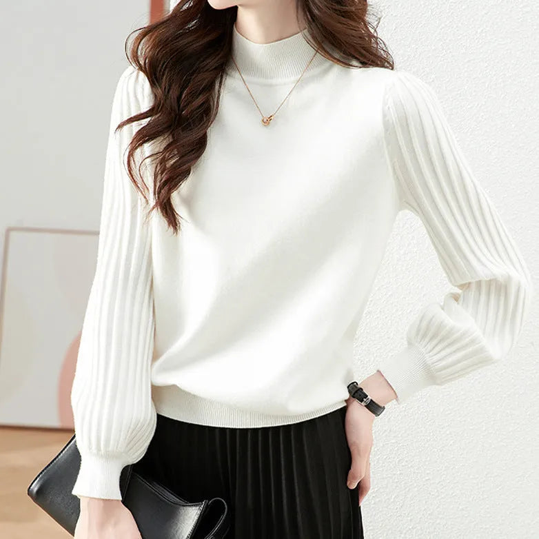 Women's slim-fit half turtleneck shirt with sunken stripe detail in apricot colour.