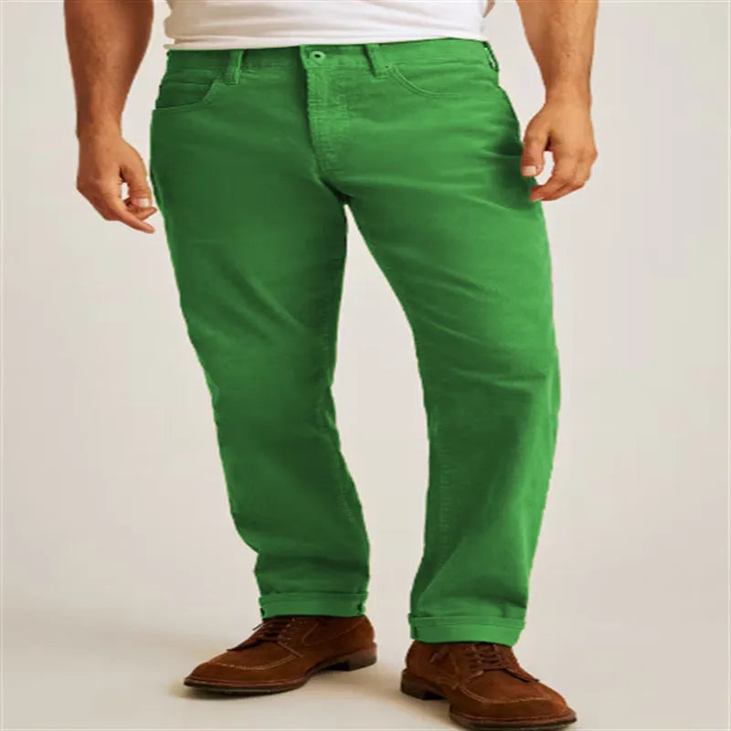 Corduroy straight-leg trousers in loose casual fit showing mid-waist design and solid colour options