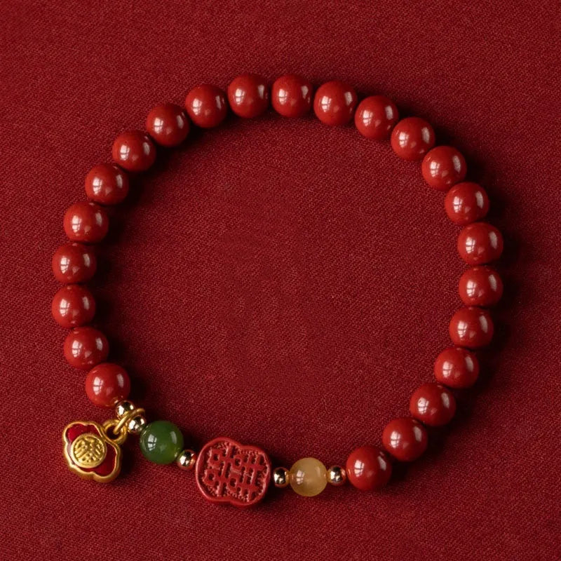 Fu character cinnabar and emperor sandstone beaded bracelet in new Chinese style.