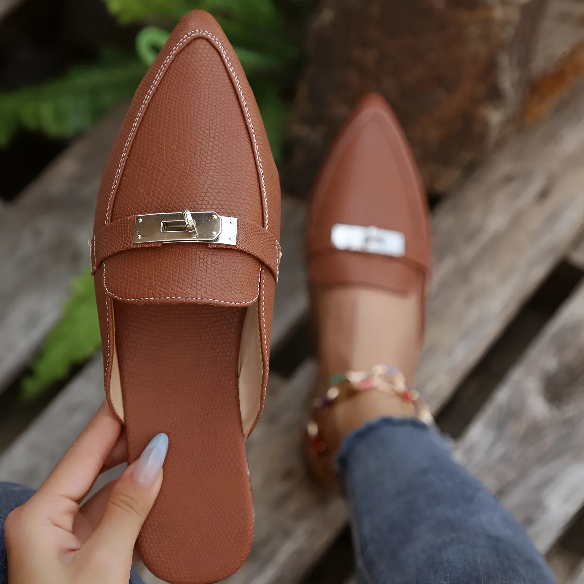 Light brown women's pointed-toe casual semi-slippers with a low block heel and slip-on design.