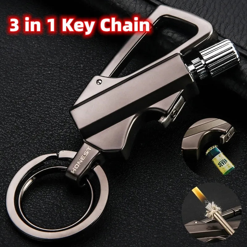 Metal keychain lighter with flint striker and bottle opener in black nickel finish
