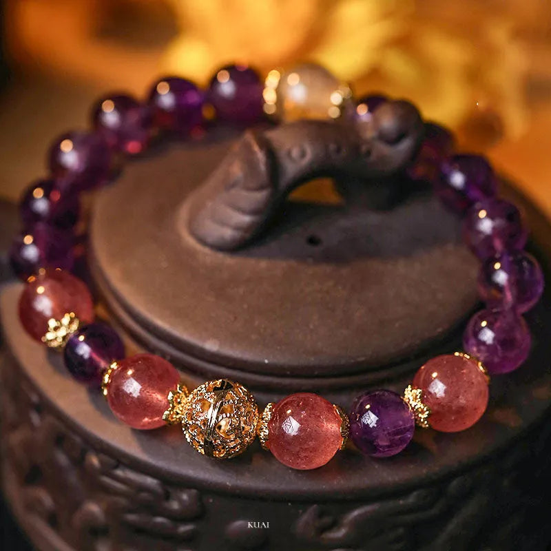 Women's retro citrine lucky bracelet in artificial crystal with amethyst or yellow gold electroplated finish.