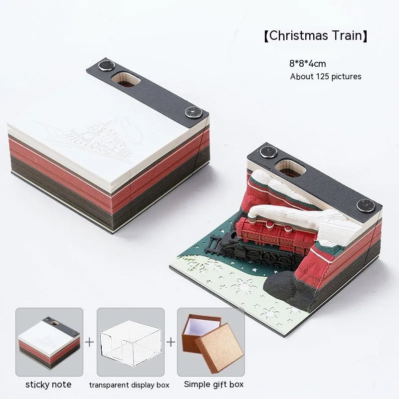 3D paper carving sticky notes with Qingshui Temple design in Christmas train colour