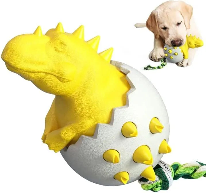 Blue durable rubber dino dog chew toy with attached nylon rope for aggressive chewers.