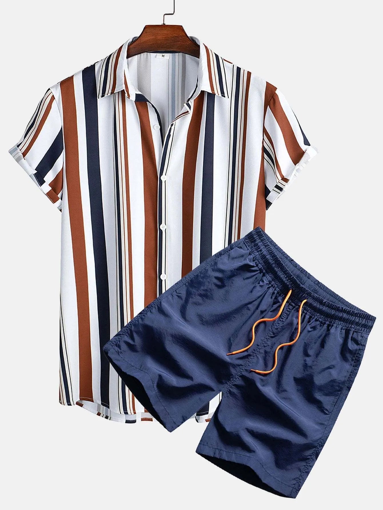 Man wearing a digitally printed short-sleeve cardigan shirt and matching shorts from a casual polyester suit set.