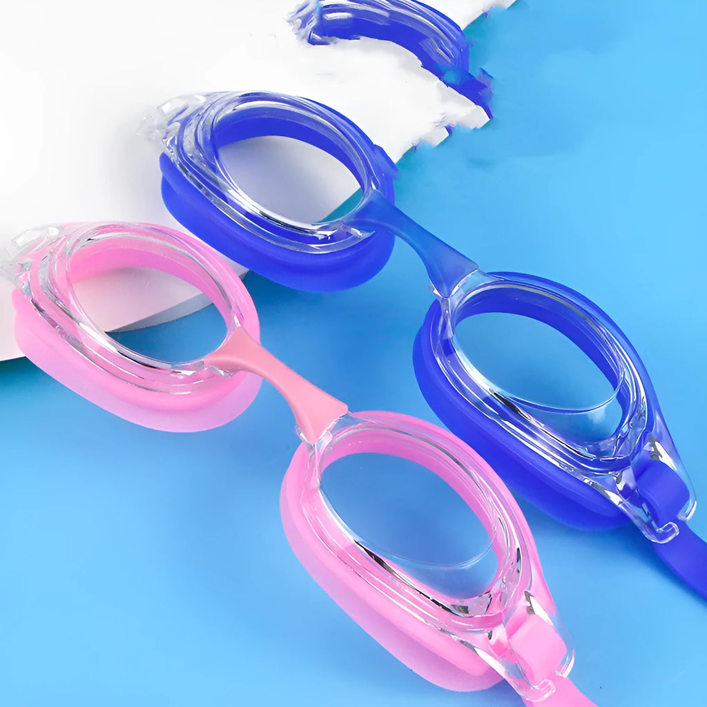 Black myopia swimming goggles with a protective case on a blue background.