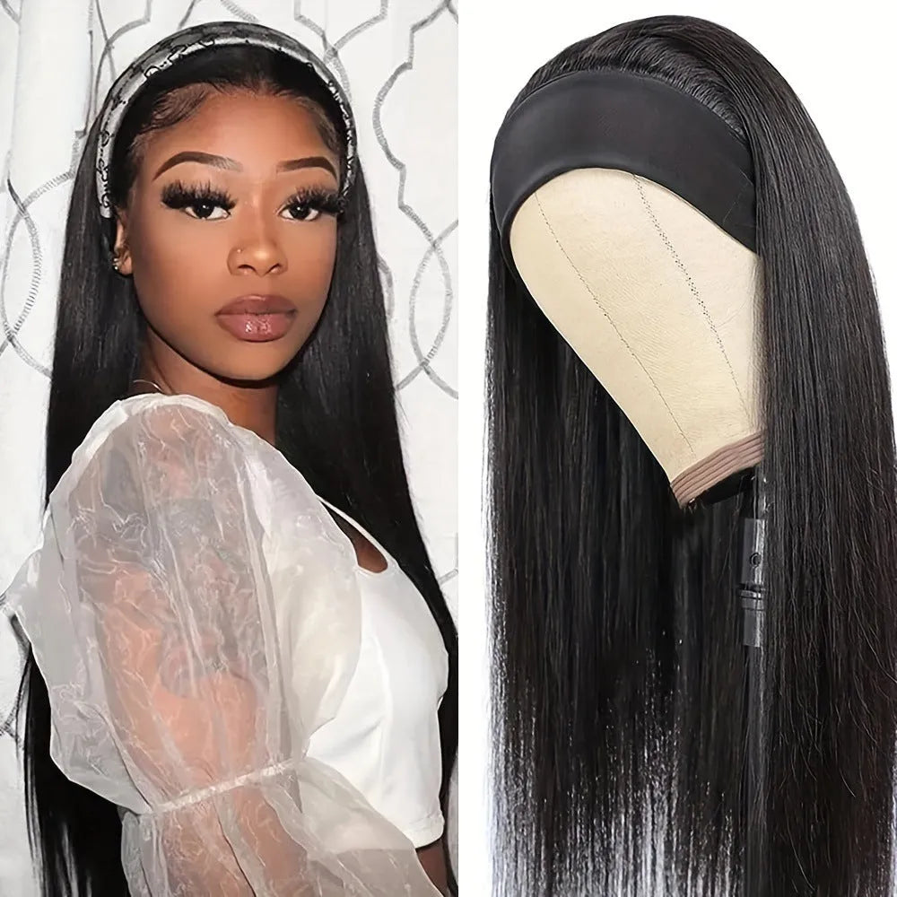 Headband wig with long high temperature fibre hair in black straight, curly, or wine red options