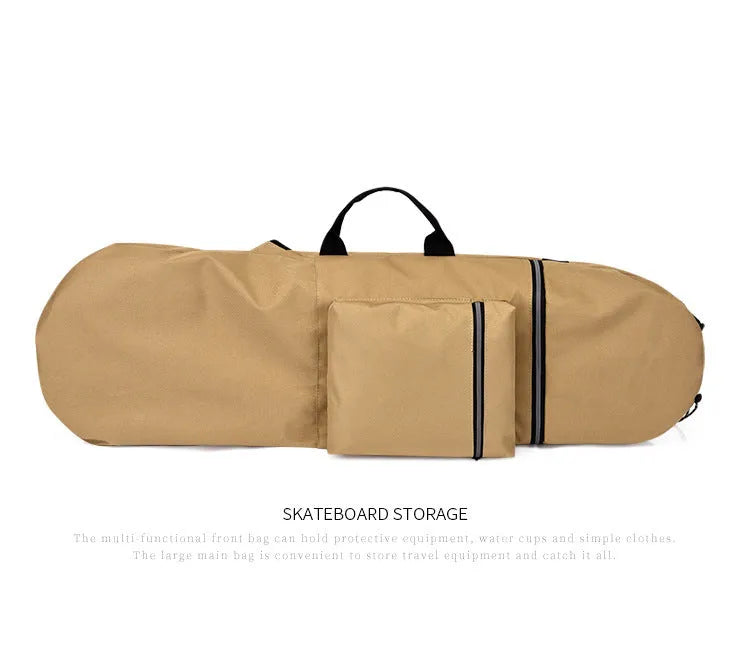Black waterproof skateboard backpack with a longboard strapped to the side, showing padded shoulder straps.