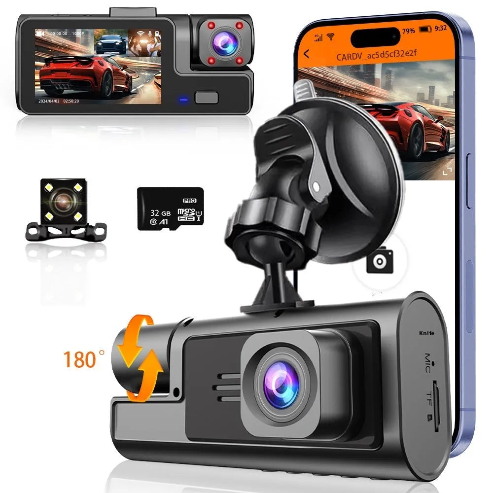 Black WiFi driving recorder with 2-inch screen mounted behind car rear-view mirror
