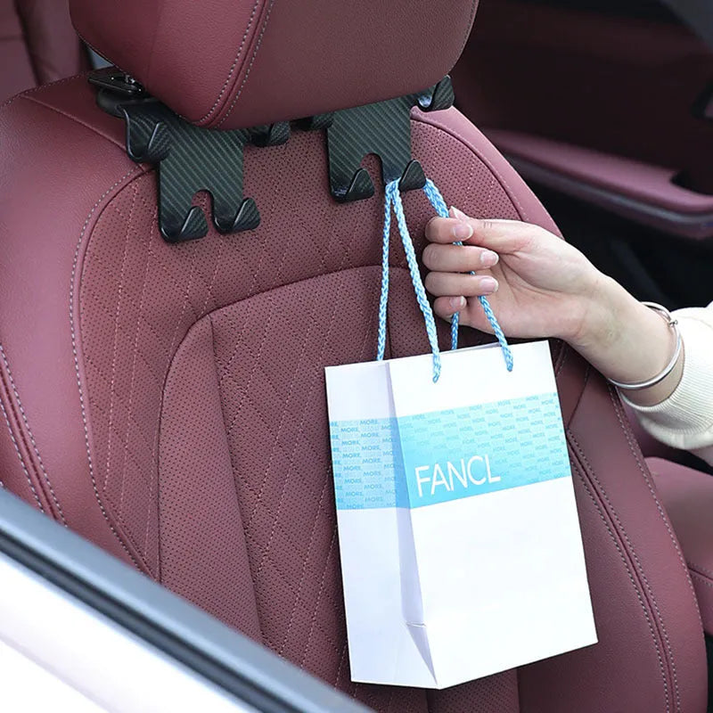 Black car multifunction hook bracket with integrated mobile phone holder for rear seat mounting