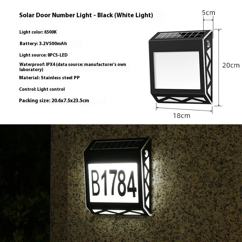 Solar powered waterproof doorplate light with LED address digits in black housing