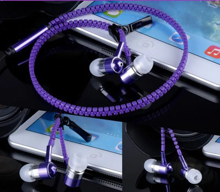 Glowing zipper earphones with alloy metallic housing and 1.2m cord in five colours