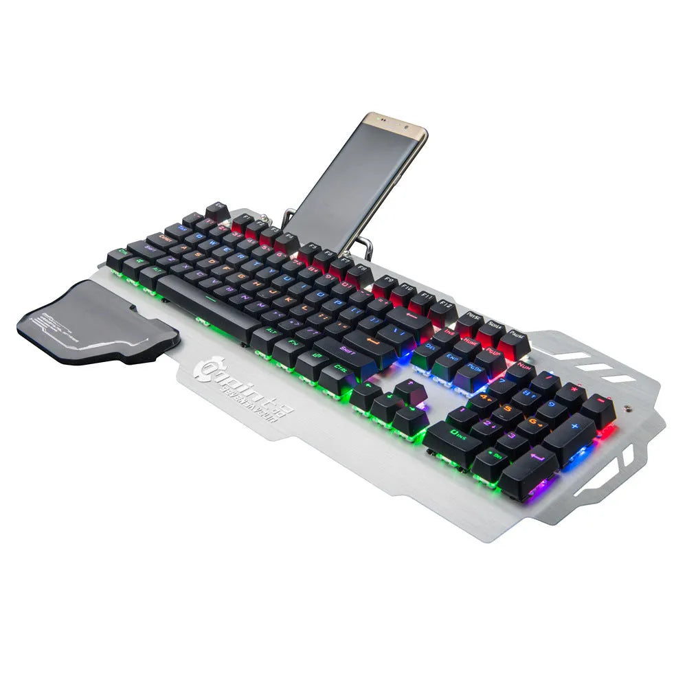 Green Axis silver metal gaming keyboard with integrated wrist splint measuring 55cm length