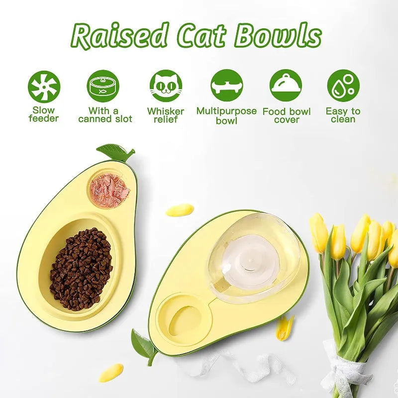 Green avocado-shaped pet feeder with automatic water bottle and separate food bowls