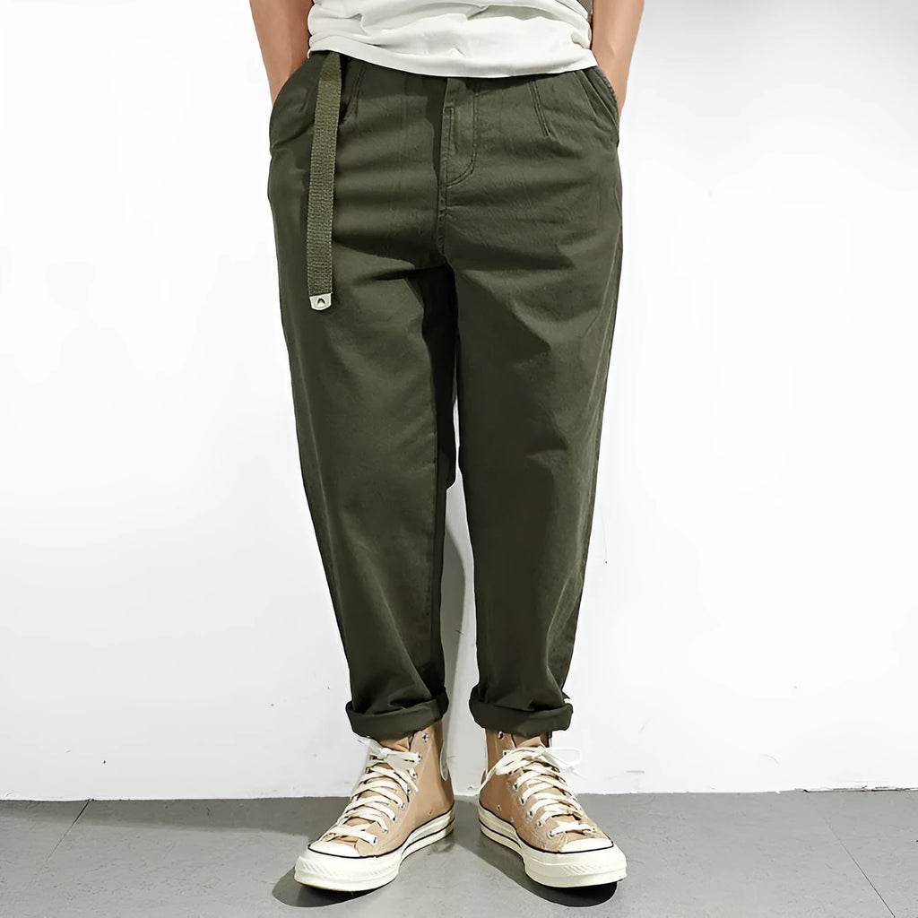 Men's Japanese retro loose tapered casual trousers in dark blue, wool blend fabric
