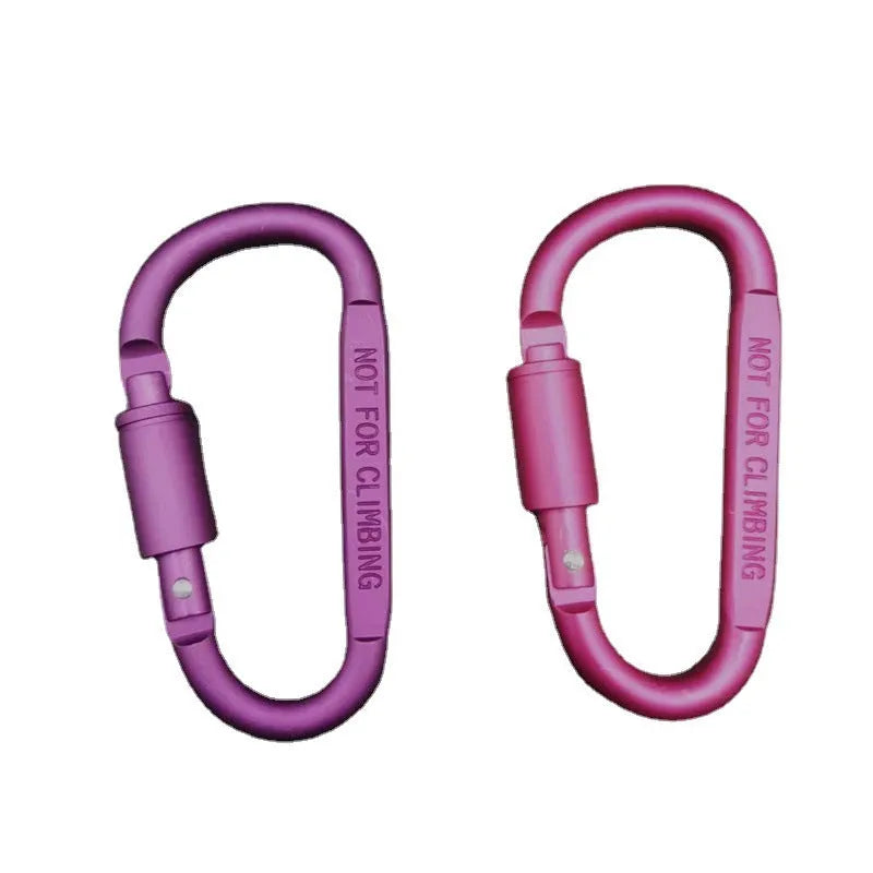 Aluminium D-type screw-lock carabiner in red, showing its 8cm size and flat-sided shape.