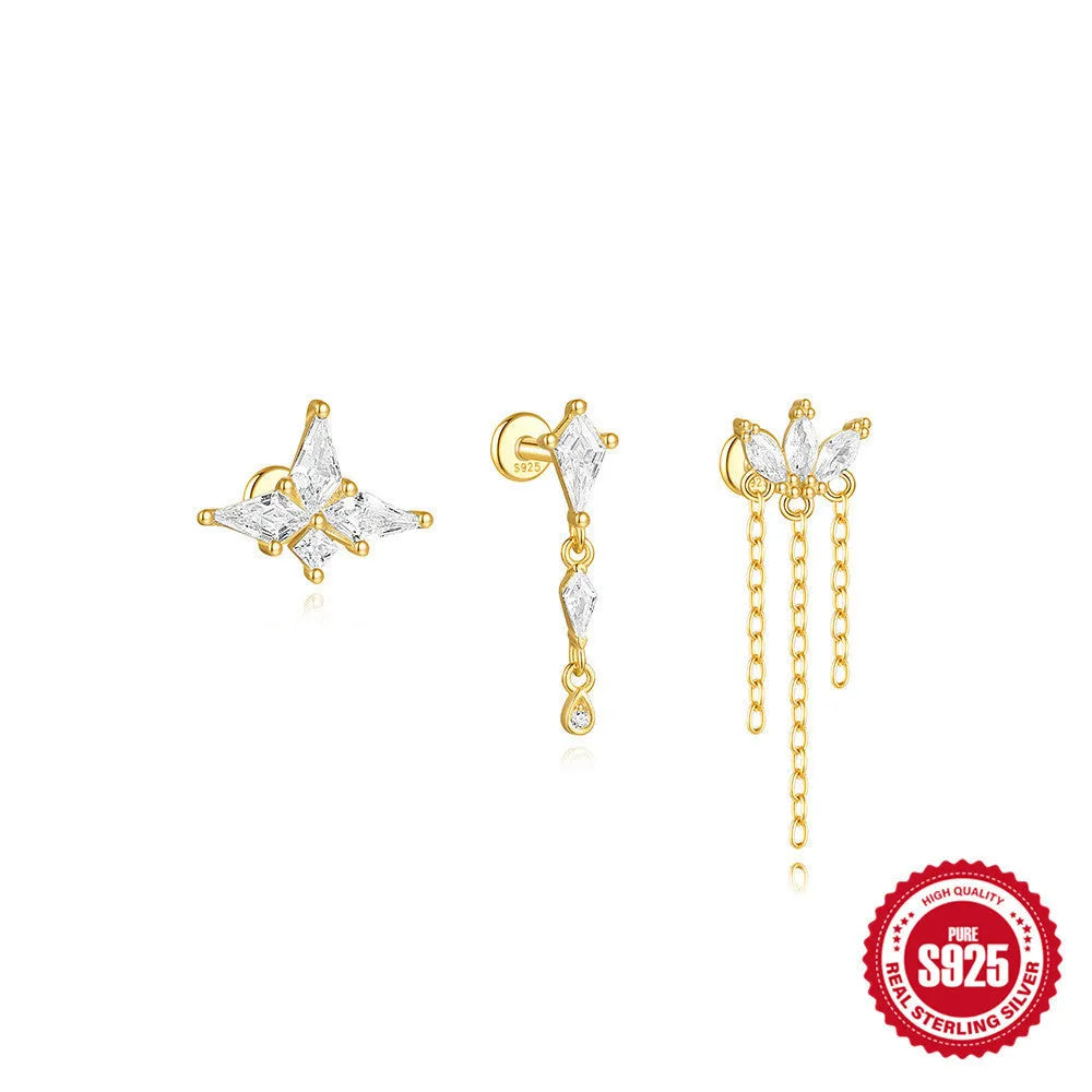 S925 sterling silver geometric kite earring with rhinestone chain tassel, shown in a gold colour variant.