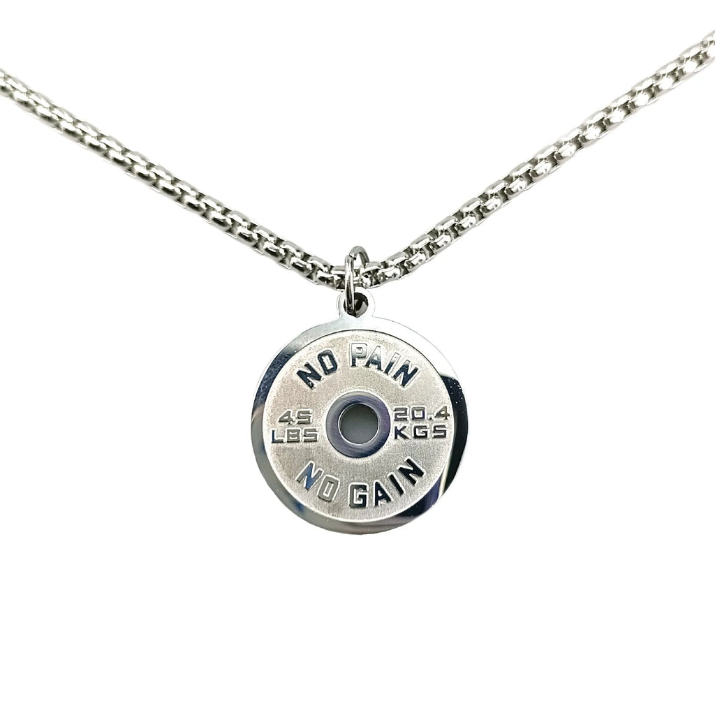 Stainless steel barbell disk sports necklace with geometric pendant on 60cm chain