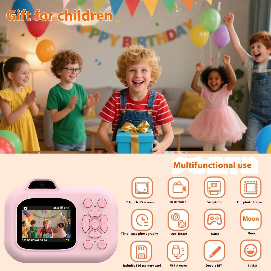 Children's camera in blue, pink, or purple with video recording, photography, games, and MP3 functions