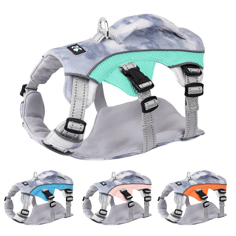 Light blue reflective polyester mesh dog cooling chest strap harness on a background.