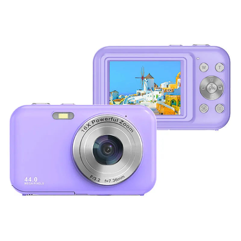 Colourful children's digital camera showing 2.4-inch screen, available in black, green, pink, and purple.