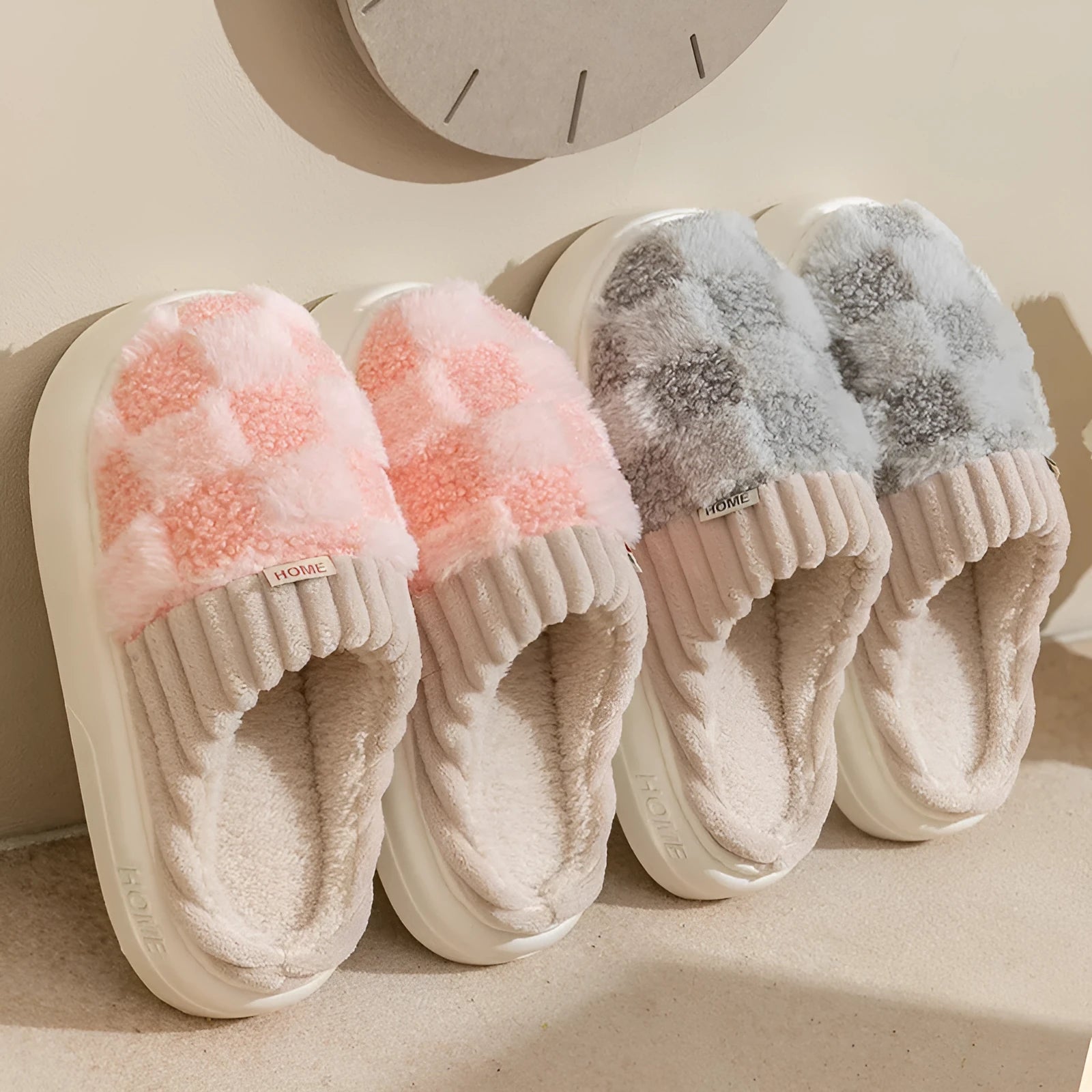 Women's plush house slippers in multiple colours with non-slip soles for indoor autumn and winter wear