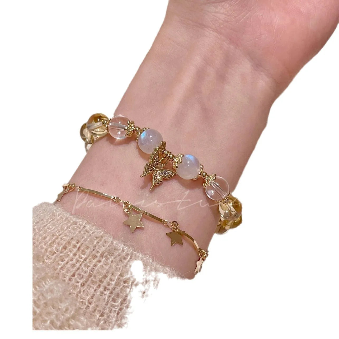 Chinese-style women's crystal bracelet with citrine butterfly and moonstone white beads