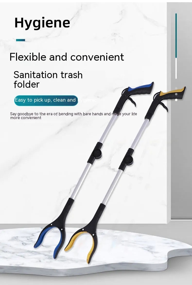 Folding aluminium alloy trash clamp with magnet sucker, shown extended to 80cm and collapsed to 42cm