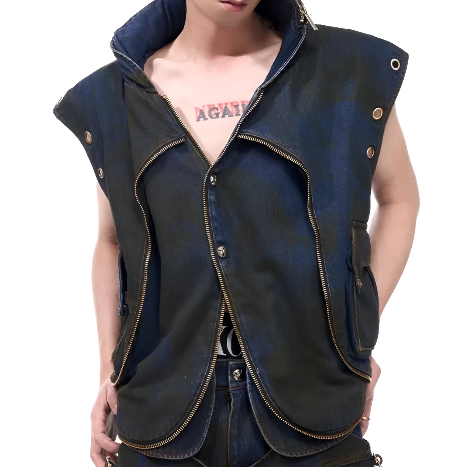 Blue denim-style hooded vest coat with matching trousers laid flat as a two-piece set.
